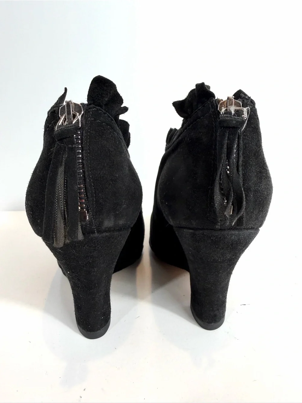 Miu Miu Black Suede Ruffle Trim Sculpted Wedge Ankle Boots EU 36.5 / US 6.5